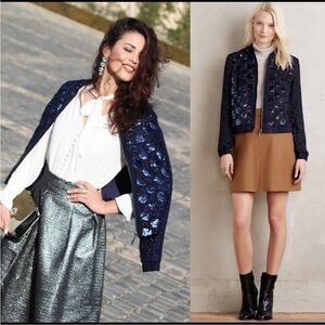 ANTHROPOLOGIE Elevenses Sequin Sky Bomber Jacket Medium Blue Boho Chic Aviator